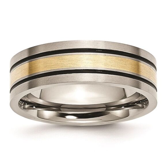 Kazi Luxury Titanium Antiqued & Brushed with 14k Yellow Gold Inlay 7mm Flat B& - Picture 1 of 7